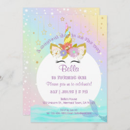 Unicorn Rainbow Mermaid Primeiro Convite de Aniver