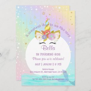 Unicorn Rainbow Mermaid Primeiro Convite de Aniver