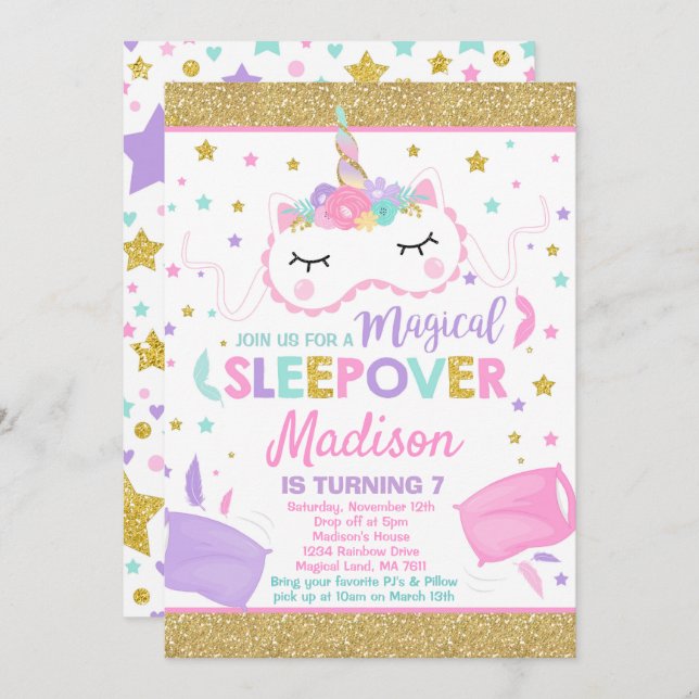 Unicorn Sleepover Convite de festas Slumber Party (Frente/Verso)