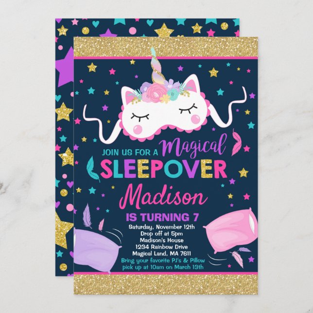 Unicorn Sleepover Convite de festas Slumber Party (Frente/Verso)
