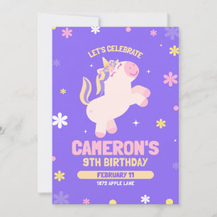 Unicórnio 9.º Convite de Aniversário para Modelo d