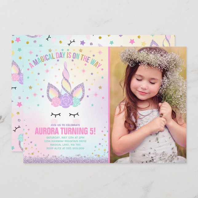 Unicórnio Convite de Aniversário do Partido da Uni (Frente/Verso)