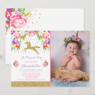 Unicórnio Convite de Aniversário Rosa Dourado Un