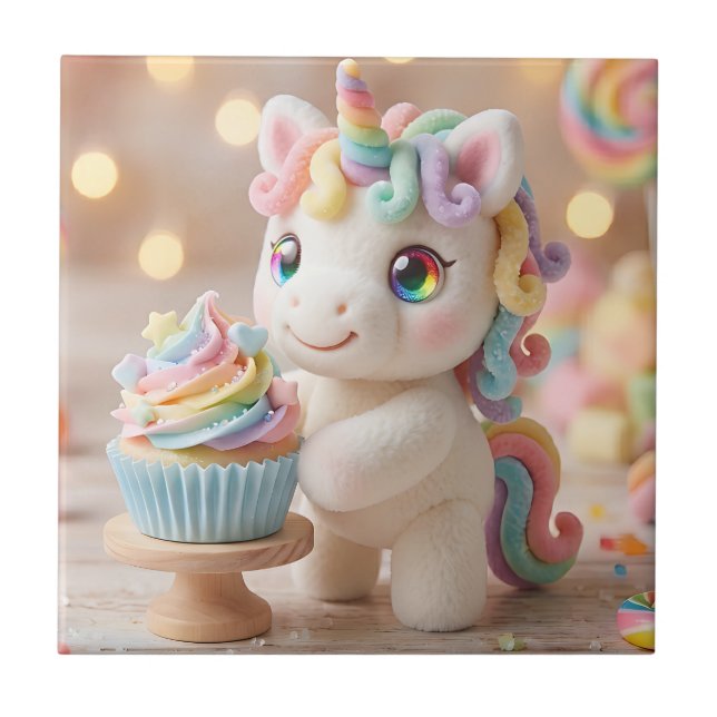Unicórnio de Bala Pastel com Cupcake de Arco-íris (Frente)
