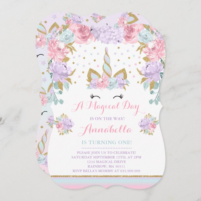 Unicórnio do ouro do rosa do convite do (Frente/Verso)