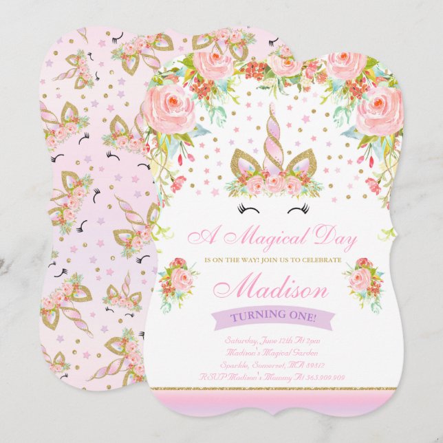 Unicórnio do ouro do rosa do convite do (Frente/Verso)