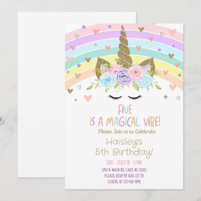 Unicórnio FIVE é um convite de aniversário Vibe má (Frente/Verso)