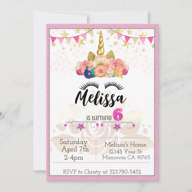 Unicórnio rosa girando 6 Convites de aniversário (Frente)