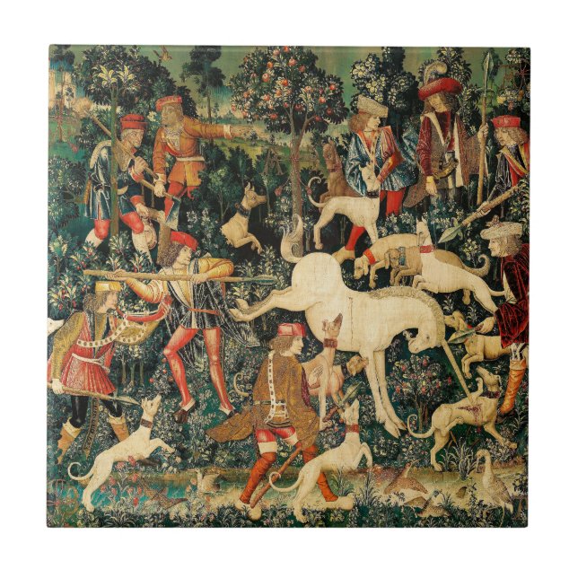 Unicórnio Tapestries Clássico Medieval Defende Caç (Frente)