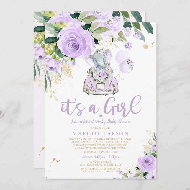 Unidade de Elefante por Chá de fraldas de Convite  (Frente/Verso)