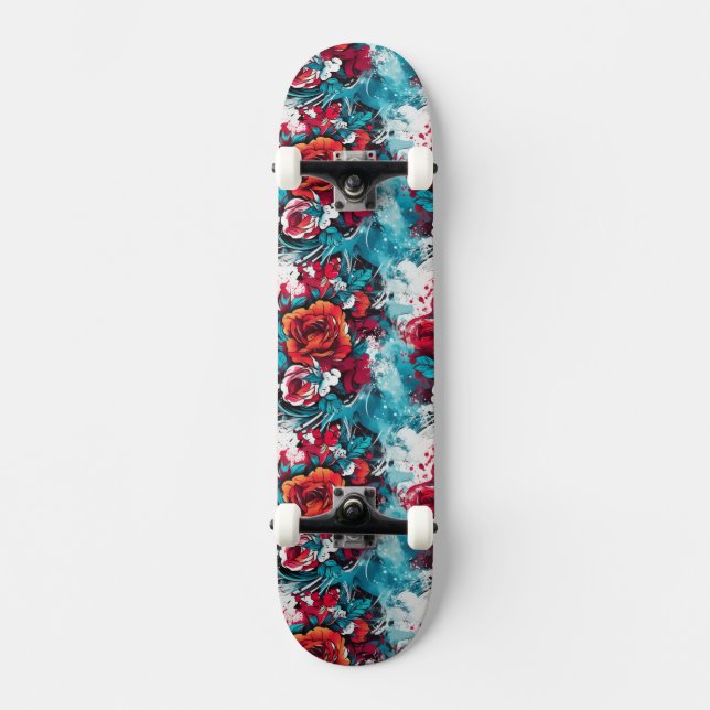 Urban Bloom: skate de Grafite Vermelho e Azul (Frente)