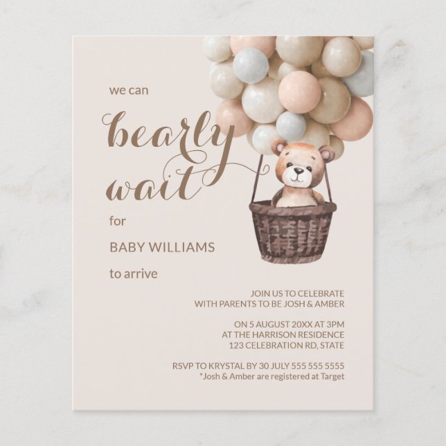 Ursa Orçamento Espere Teddy Balões Menina Chuveiro (Frente)