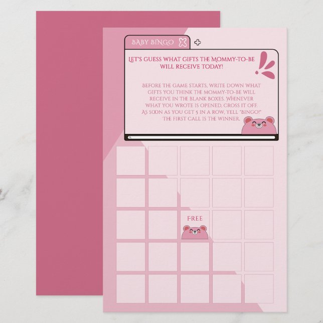 Ursa Rosa Fofa do Bebê Tela do Computador Bingo de (Frente/Verso)