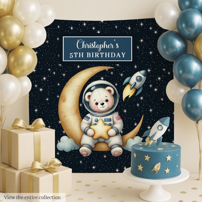 Ursinho Astronauta Wall Tapeçaria para Festa de Me (Cute Teddy Bear Astronaut Birthday Party Backdrop Boy)