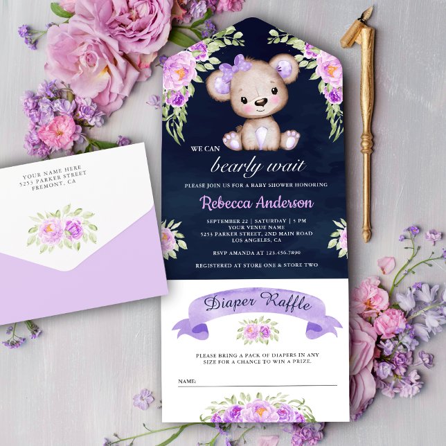 Ursinho de pelúcia floral roxo Convite de chá de b (Criador carregado)