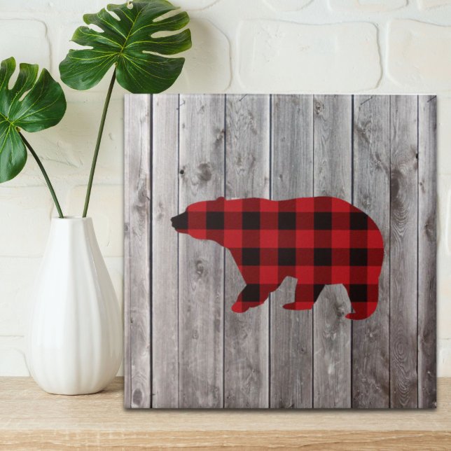 ursinho de xadrez de búfalo vermelho de madeira ru (rustic woodland barn wood red buffalo plaid bear ceramic tile)