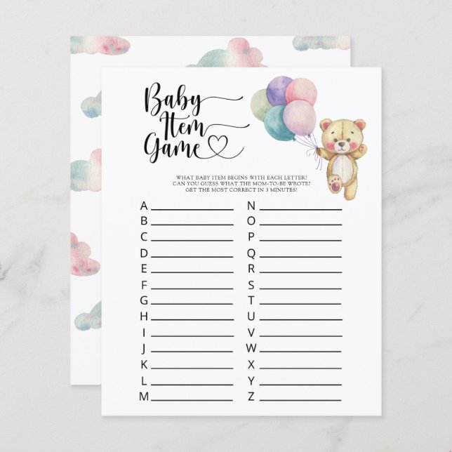 Ursinho - Jogo de Item Bebê. Jogo do chá de fralda (Frente/Verso)