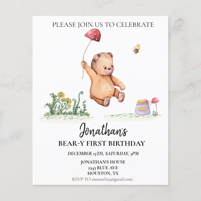 Urso 1º Primeiro Aniversário Aquarela Urso Fofo (Frente)