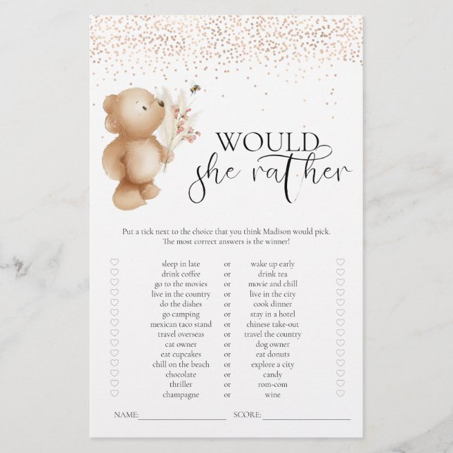 Urso & Abelha Jogo de Chá de Bebê 'Ela Preferiria' (Frente)