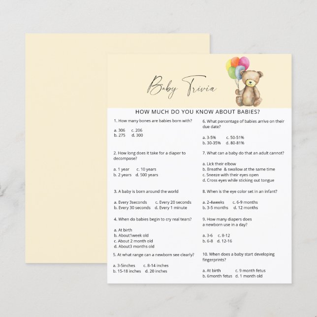 Urso - Baby Trivia | Jogo Chá de fraldas (Frente/Verso)