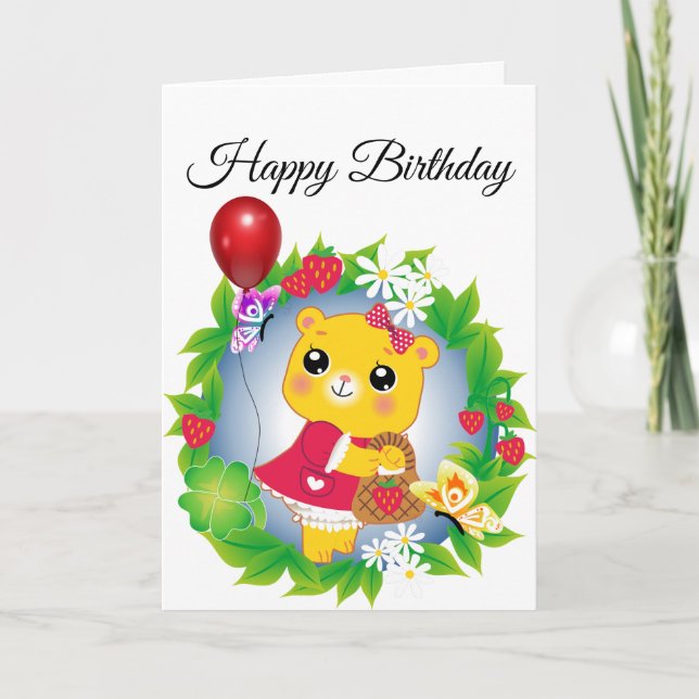 Urso Bonito Com Cartão De Aniversário De Balão (Frente)
