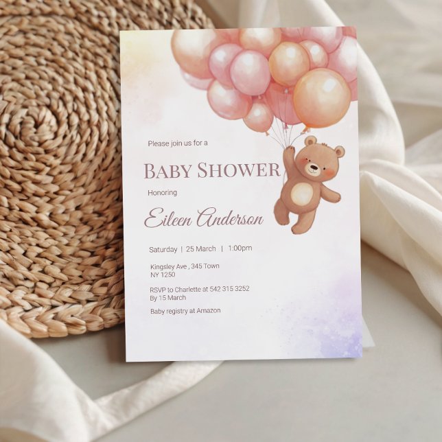 Urso Bonito com Convite para Chá de fraldas de Bal (Cute Bear with Balloons Baby Shower Invitation)