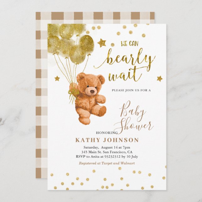 Urso Bonito com Convite para Chás de fraldas de Ba (Frente/Verso)