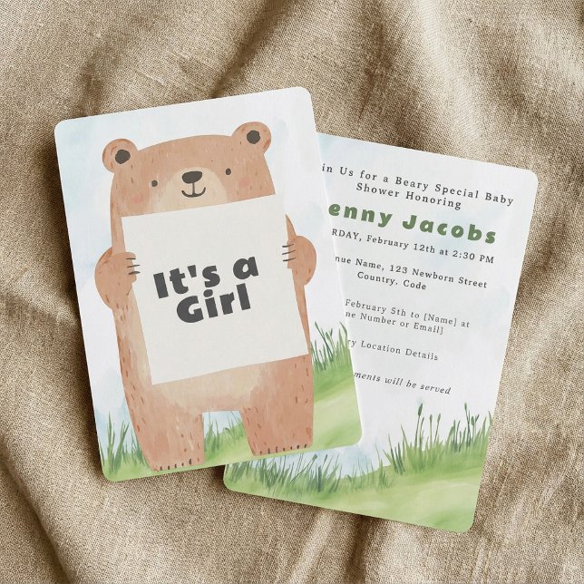 Urso bonito. É um Chá de fraldas feminino. Convite (Cute bear It’s a girl Baby Shower bear Invitation.)