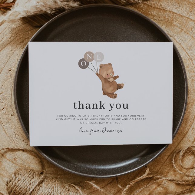 Urso com 3 Balões Marrons - Cartões de agradecimen (Bear with 3 Brown Balloons - Thank You Card)