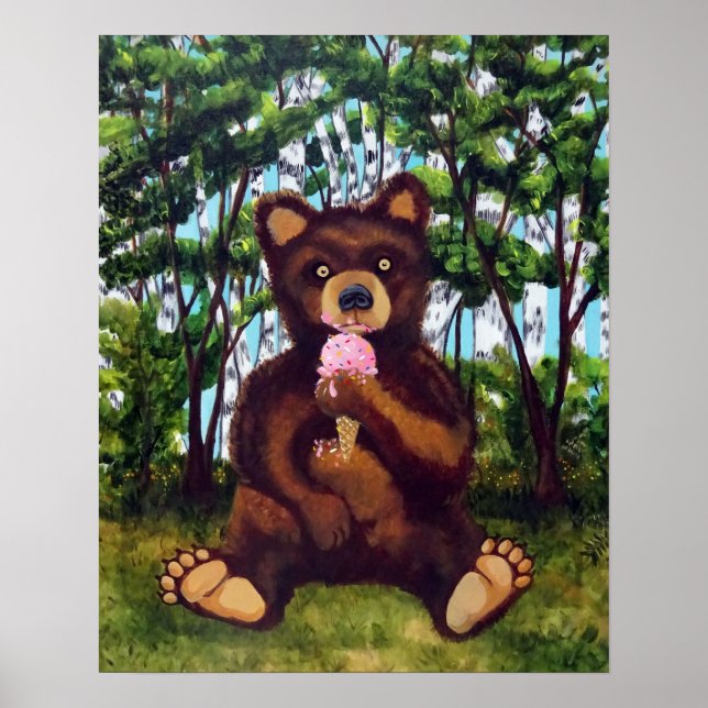 Urso Comendo Sorvete Belas Artes Poster (Frente)