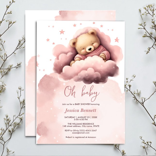 Urso cor-de-rosa no convite para chás de fraldas d (Cute sleeping bear in pink clouds baby shower)