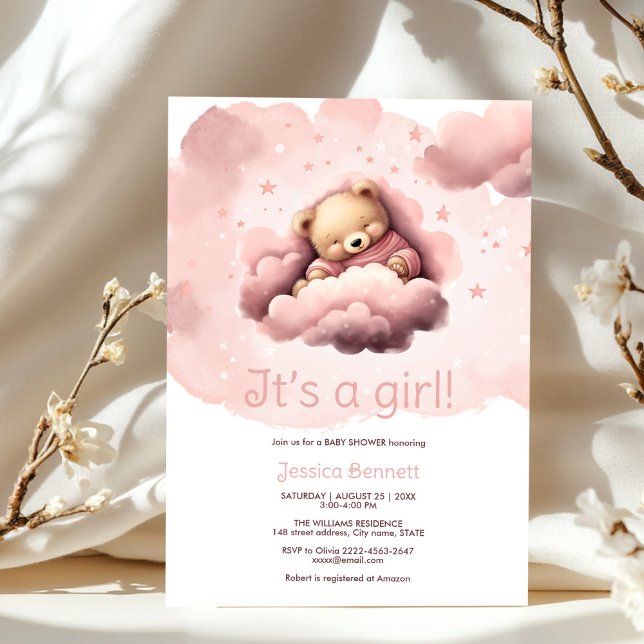Urso cor-de-rosa no convite para chás de fraldas d (Cute sleeping bear in pink clouds baby shower)