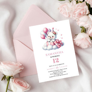 Urso de Aniversário de Menina Rosa Marfim Convite