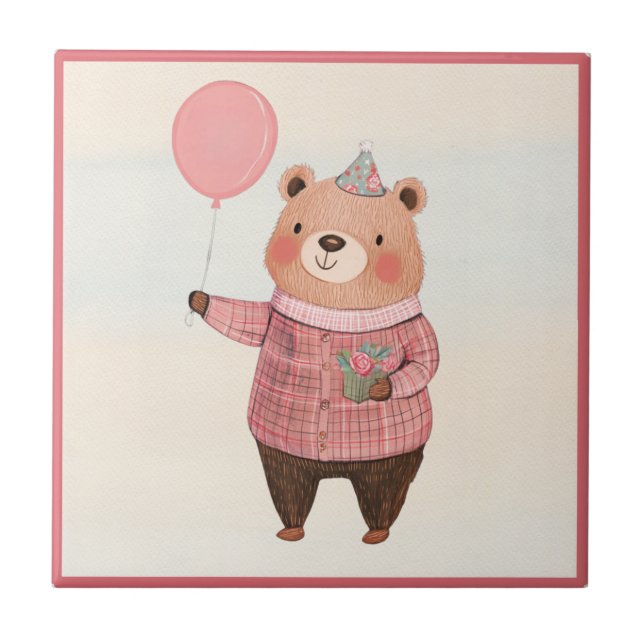 Urso de Chapéu Floral com Suéter de Xadrez Rosa (Frente)