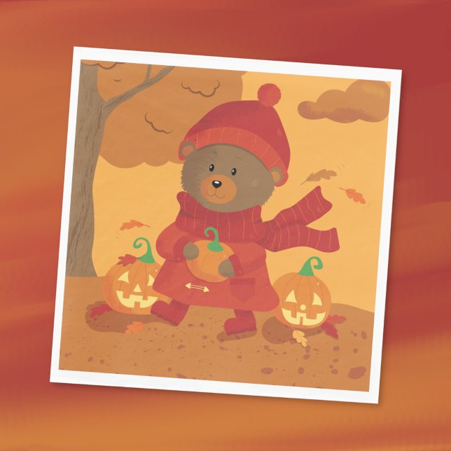 Urso de Outono com Guardanapo de Papel de Hallowee (Cute fall paper napkin featuring  a brown bear picking up a pumpkin for Halloween . )