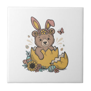 Urso de Páscoa Fofo em Ovo Rachado Vetor Vintage_1