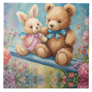 Urso de pelúcia e coelho num jardim de pastel