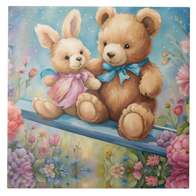 Urso de pelúcia e coelho num jardim de pastel (Frente)