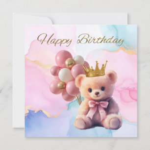 Urso de Pelúcia Laço Rosa Coroa Dourada Feliz Aniv