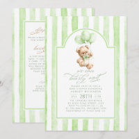 Urso de Pelúcia Listras Verdes Baby Shower Convite