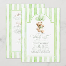 Urso de Pelúcia Listras Verdes Baby Shower Convite
