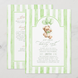 Urso de Pelúcia Listras Verdes Baby Shower Convite