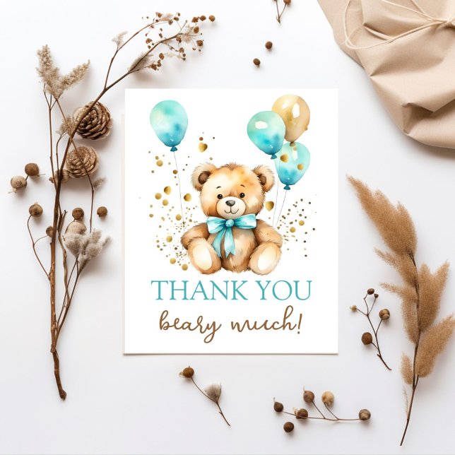 Urso de pelúcia mal posso esperar baby shower obri (Teddy bear bearly wait baby shower thank you card ute teddy bear aqua blue ancd gold  balloons)