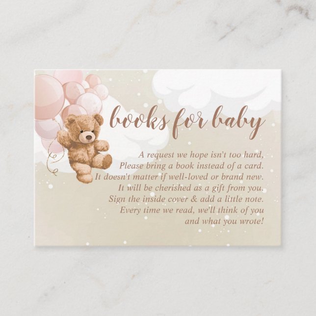 Urso de Teddy com Balões Rosa Livros Para Cartão D (Frente)