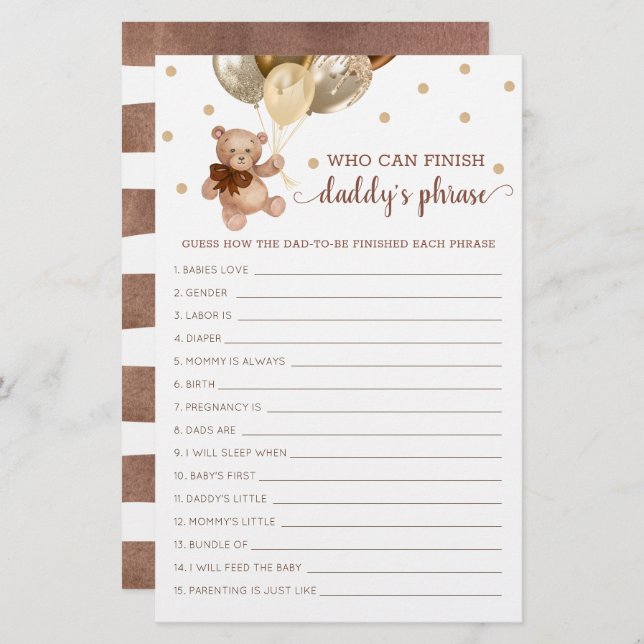 Urso de Teddy Do Chá de fraldas De Frase Do pai (Frente/Verso)