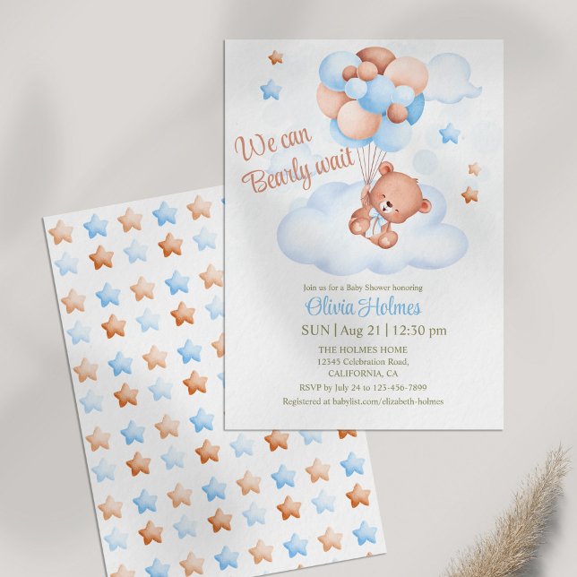 Urso de Teddy no Convite para Chás de fraldas do C (Teddy Bear in the Sky Baby Shower Invitation on table)
