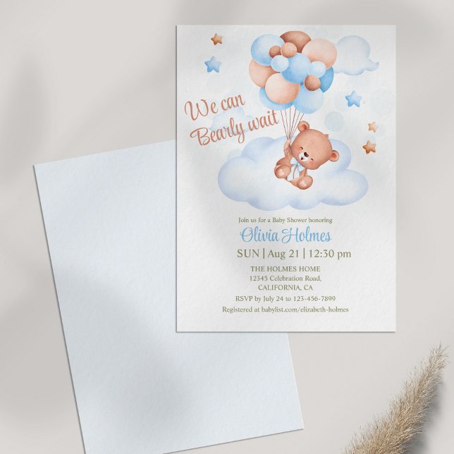 Urso de Teddy no Convite para Chás de fraldas do C (Teddy Bear in the Sky Baby Shower Invitation on table)