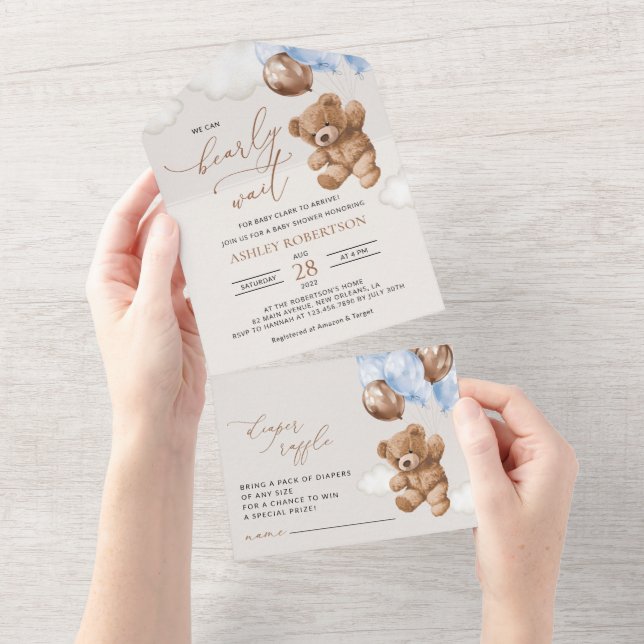 Urso De Teddy, Urso De Bebê, Balões Azuis, Chá de  (Aba destacável)