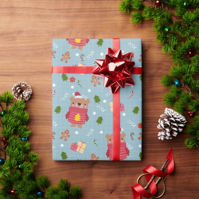 Urso em Papel de Presente de Suéter de Férias (Presente de Natal)