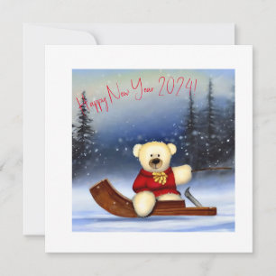 Urso em um trenó na neve ano novo